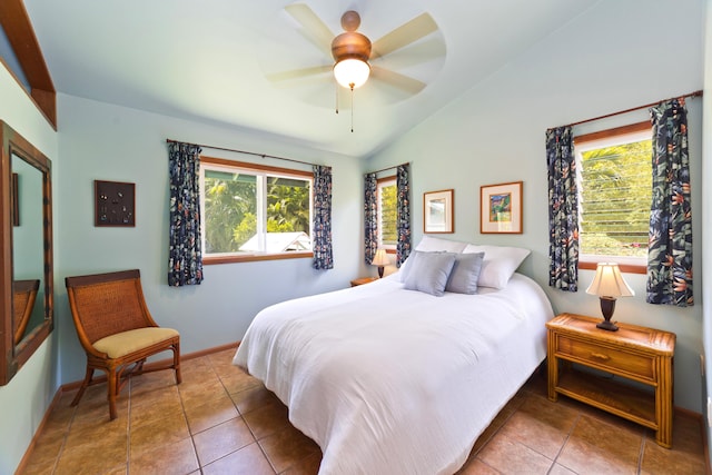 15-2021 11th Ave, Keaau, HI 96749 - tiled bedroom with vaulted ceiling, baseboards, and ceiling fan