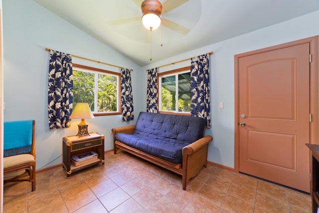 15-2021 11th Ave, Keaau, HI 96749 - living area featuring vaulted ceiling, a ceiling fan, baseboards, and light tile patterned floors