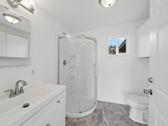 92-8215 Bamboo Ln, Ocean View, HI 96737 - bathroom featuring toilet, a shower stall, vanity, and marble look tiles
