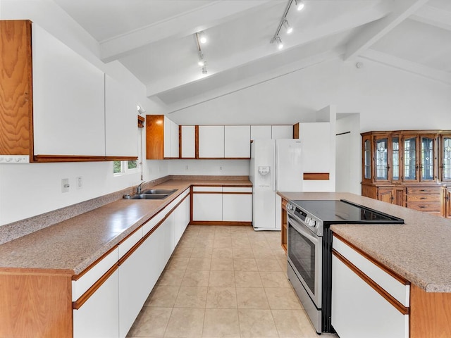 907 Mala Pua Way, Hilo, HI 96720 - kitchen featuring stainless steel electric stove, white refrigerator with ice dispenser, a sink, white cabinetry, and a center island