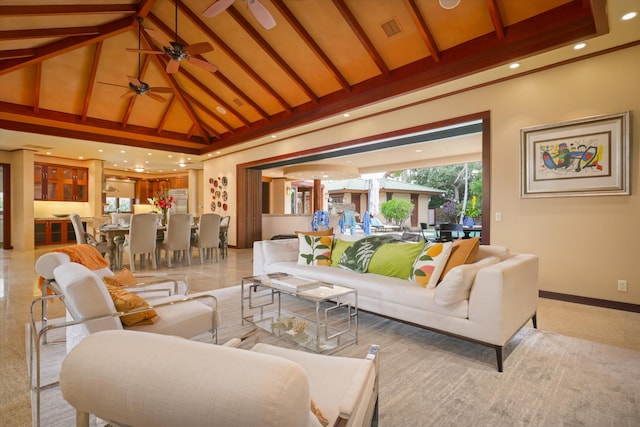 68-108 Pukaua Pl, Kamuela, HI 96743 - living area featuring high vaulted ceiling, a ceiling fan, beamed ceiling, and baseboards