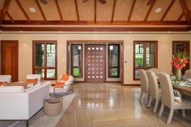 68-108 Pukaua Pl, Kamuela, HI 96743 - living room featuring ceiling fan, high vaulted ceiling, beam ceiling, granite floors, and baseboards