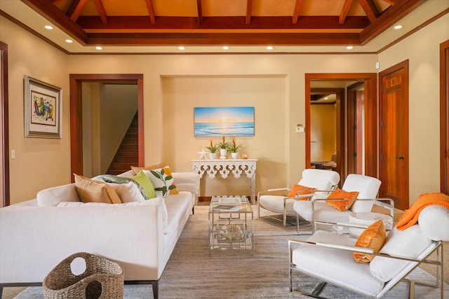 68-108 Pukaua Pl, Kamuela, HI 96743 - living area featuring stairs, beam ceiling, and recessed lighting
