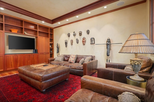 68-108 Pukaua Pl, Kamuela, HI 96743 - living room with wood finished floors, recessed lighting, built in shelves, and ornamental molding
