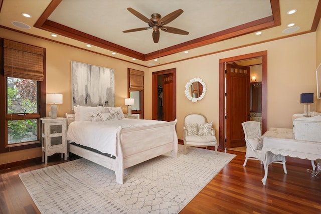 68-108 Pukaua Pl, Kamuela, HI 96743 - bedroom with a raised ceiling, ornamental molding, dark wood-type flooring, recessed lighting, and baseboards