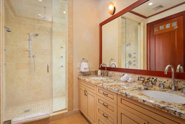 68-108 Pukaua Pl, Kamuela, HI 96743 - bathroom with a shower stall, double vanity, and crown molding