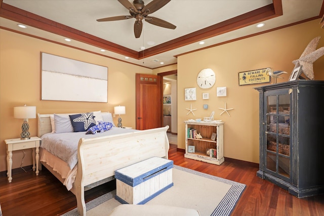 68-108 Pukaua Pl, Kamuela, HI 96743 - bedroom featuring wood finished floors, a tray ceiling, recessed lighting, baseboards, and crown molding
