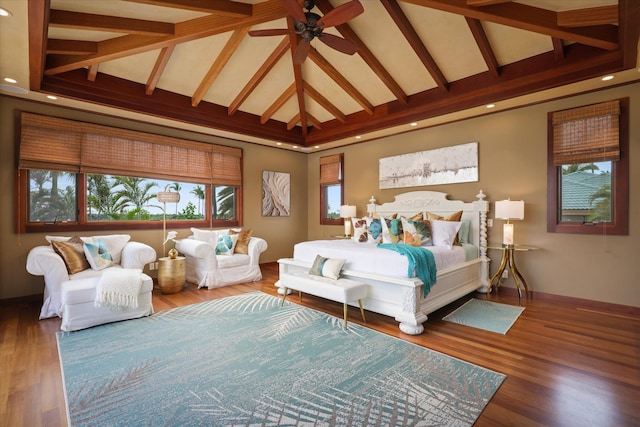68-108 Pukaua Pl, Kamuela, HI 96743 - bedroom featuring high vaulted ceiling, beam ceiling, wood finished floors, and recessed lighting