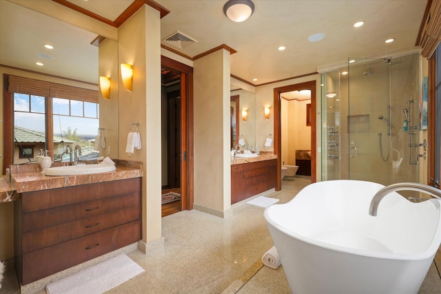 68-108 Pukaua Pl, Kamuela, HI 96743 - full bathroom featuring a stall shower, vanity, recessed lighting, ornamental molding, and baseboards