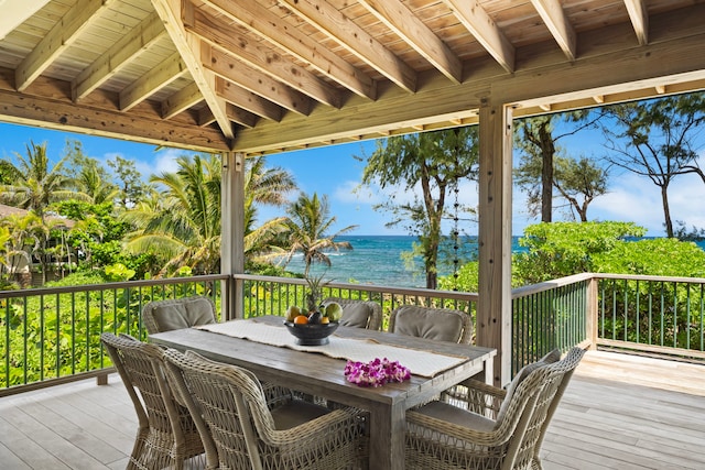 7312 Alealea Rd, Hanalei, HI 96722 - wooden deck featuring a water view and outdoor dining area