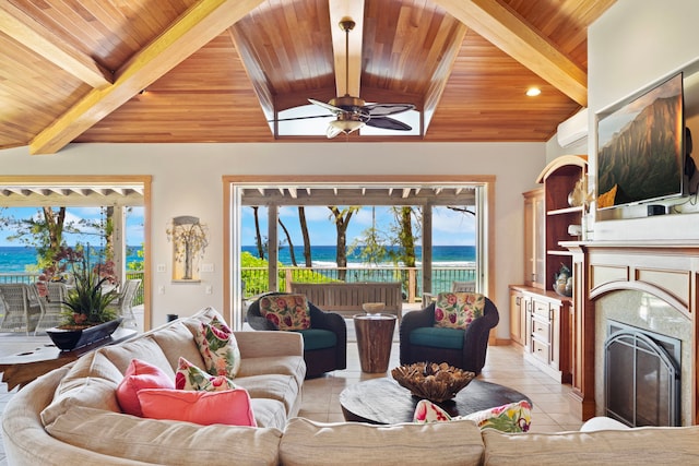 7312 Alealea Rd, Hanalei, HI 96722 - living room with wooden ceiling, a high end fireplace, light tile patterned floors, and a ceiling fan