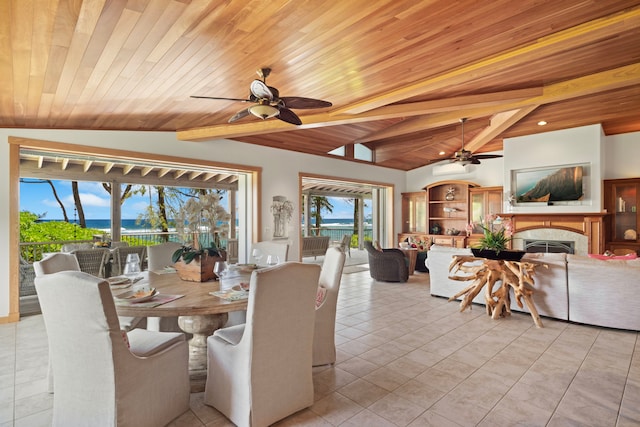 7312 Alealea Rd, Hanalei, HI 96722 - dining room featuring a ceiling fan, wooden ceiling, light tile patterned floors, and a fireplace