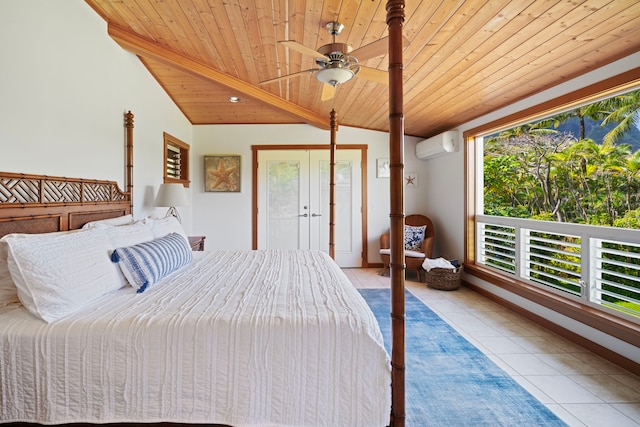 7312 Alealea Rd, Hanalei, HI 96722 - bedroom with wooden ceiling, vaulted ceiling, tile patterned floors, a wall unit AC, and baseboards