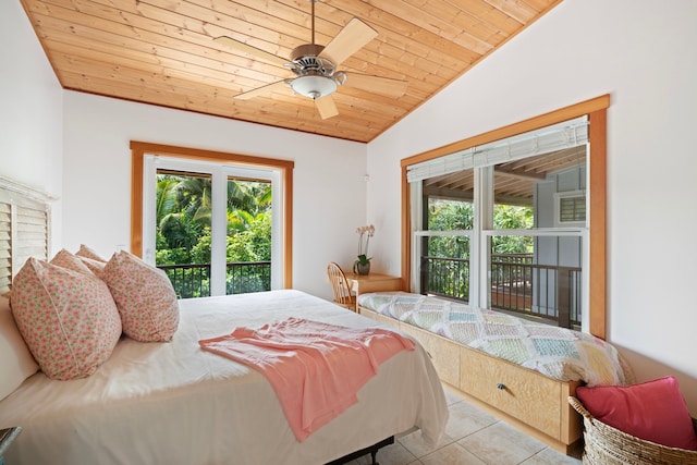 7312 Alealea Rd, Hanalei, HI 96722 - bedroom with wooden ceiling, multiple windows, tile patterned flooring, vaulted ceiling, and a ceiling fan