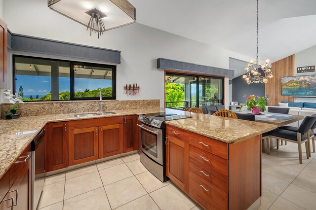 4282 Kalaheo Dr, Kalaheo, HI 96741 - kitchen featuring stainless steel appliances, a sink, lofted ceiling, a peninsula, and light tile patterned flooring