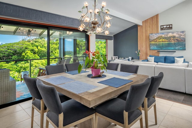 4282 Kalaheo Dr, Kalaheo, HI 96741 - dining area with light tile patterned flooring, a chandelier, and wood walls