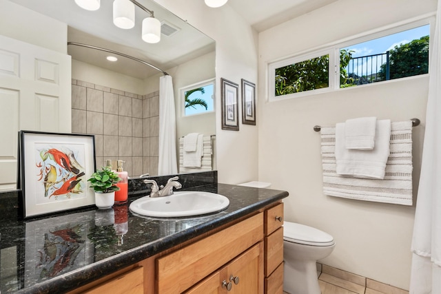 68-1634 Laie St, Waikoloa, HI 96738 - bathroom featuring vanity, toilet, curtained shower, and tile patterned flooring