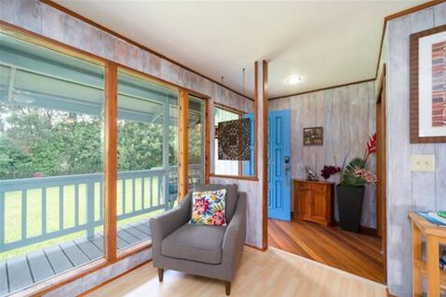 15-1893 32nd Ave, Keaau, HI 96749 - living area featuring wood finished floors, healthy amount of natural light, and wooden walls
