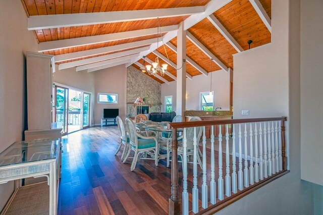 3636 Keoniana Rd, Princeville, HI 96722 - dining space with plenty of natural light, a chandelier, wood finished floors, high vaulted ceiling, and wooden ceiling with exposed beams