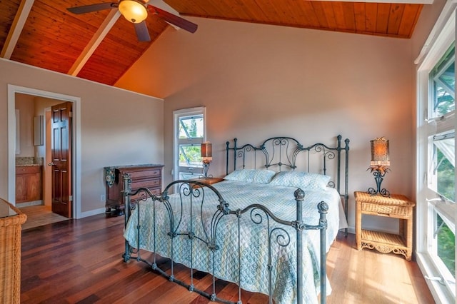 3636 Keoniana Rd, Princeville, HI 96722 - bedroom with wood ceiling with exposed beams, wood finished floors, multiple windows, and high vaulted ceiling