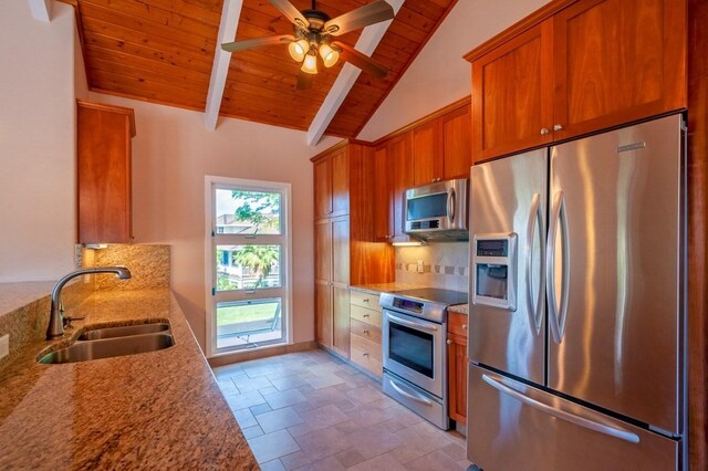 3636 Keoniana Rd, Princeville, HI 96722 - kitchen with stainless steel appliances, a sink, wood ceiling, tasteful backsplash, and brown cabinets