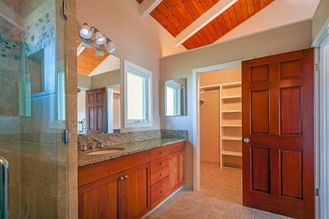 3636 Keoniana Rd, Princeville, HI 96722 - full bath with wooden ceiling, vanity, a shower stall, and a spacious closet