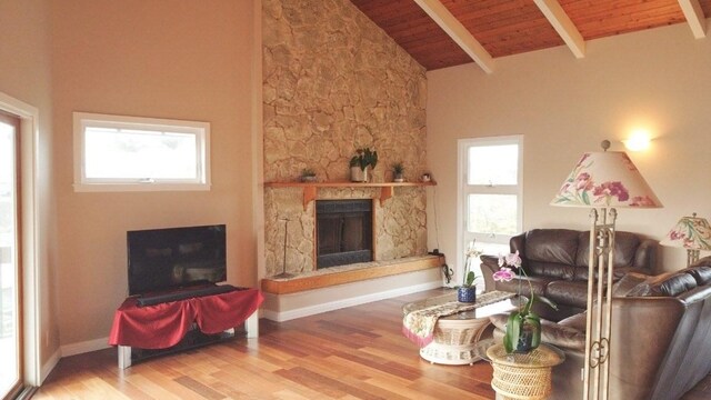 3636 Keoniana Rd, Princeville, HI 96722 - living room with wooden ceiling with exposed beams, wood finished floors, a fireplace, high vaulted ceiling, and baseboards