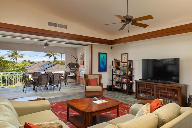 68-1025 Kaniku Dr Unit 612, Kamuela, HI 96743 - living room featuring ceiling fan and lofted ceiling