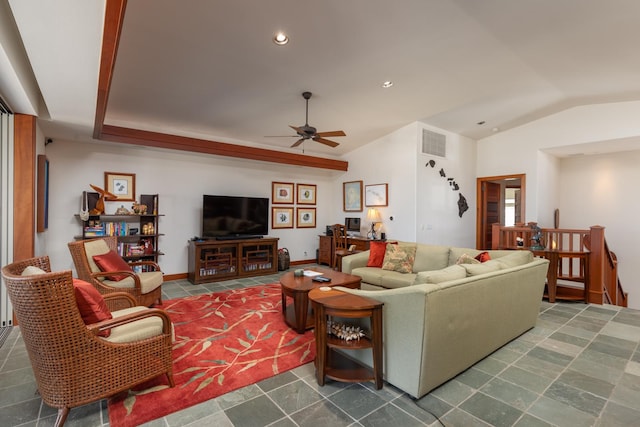 68-1025 Kaniku Dr Unit 612, Kamuela, HI 96743 - living area featuring lofted ceiling, ceiling fan, and recessed lighting