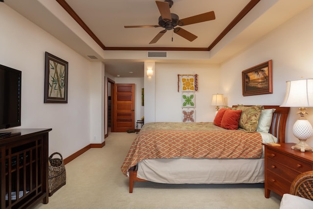 68-1025 Kaniku Dr Unit 612, Kamuela, HI 96743 - carpeted bedroom featuring ornamental molding, a tray ceiling, baseboards, and ceiling fan