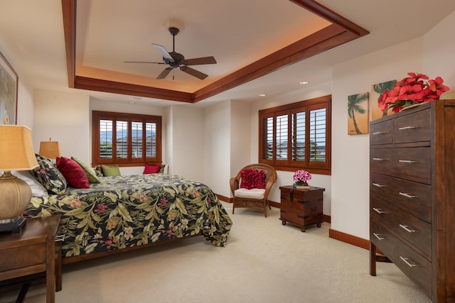 68-1025 Kaniku Dr Unit 612, Kamuela, HI 96743 - carpeted bedroom with a tray ceiling, baseboards, recessed lighting, and ceiling fan