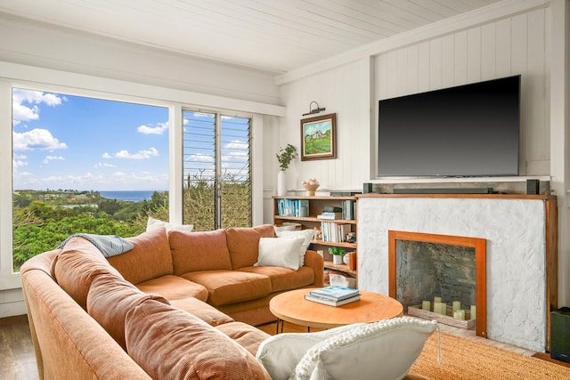 2819 Kapena St, Lihue, HI 96766 - living room featuring ornamental molding, wood finished floors, a fireplace, and wooden walls