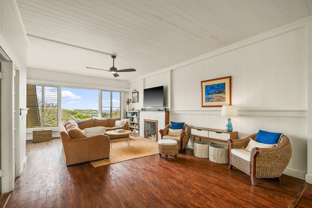 2819 Kapena St, Lihue, HI 96766 - living room featuring wood finished floors, crown molding, ceiling fan, a fireplace, and wooden ceiling