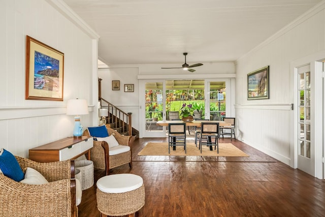 2819 Kapena St, Lihue, HI 96766 - dining area featuring crown molding, wood finished floors, a decorative wall, ceiling fan, and stairs