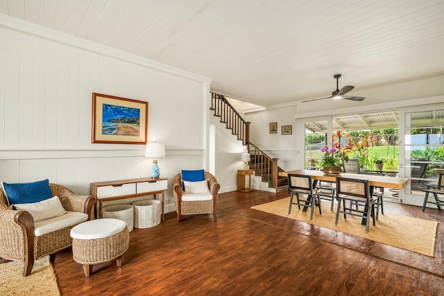2819 Kapena St, Lihue, HI 96766 - dining space with wood finished floors, a ceiling fan, and stairway
