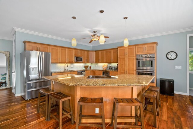 4355 Liliuokalani Pl, Kilauea, HI 96754 - kitchen featuring appliances with stainless steel finishes, baseboards, dark wood-style floors, ceiling fan, and ornamental molding