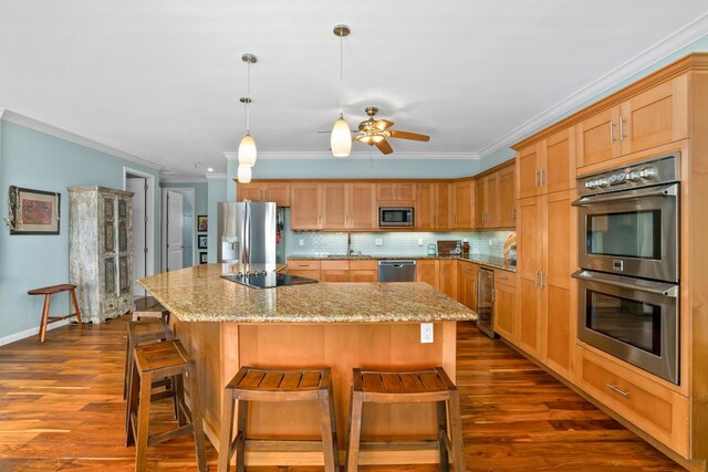 4355 Liliuokalani Pl, Kilauea, HI 96754 - kitchen featuring stainless steel appliances, ornamental molding, beverage cooler, dark wood-type flooring, and a ceiling fan