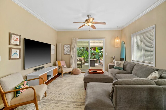 4355 Liliuokalani Pl, Kilauea, HI 96754 - living room featuring a ceiling fan and crown molding