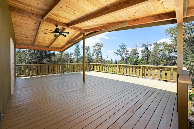 92-8856 Orchid Pkwy, Ocean View, HI 96737 - wooden deck featuring a ceiling fan and view of wooded area