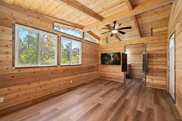 92-8856 Orchid Pkwy, Ocean View, HI 96737 - unfurnished living room featuring wooden ceiling, wooden walls, dark wood-style floors, and a ceiling fan