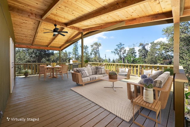 92-8856 Orchid Pkwy, Ocean View, HI 96737 - deck featuring outdoor lounge area, outdoor dining space, and ceiling fan