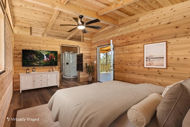 92-8856 Orchid Pkwy, Ocean View, HI 96737 - bedroom with wood ceiling, wooden walls, access to exterior, and dark wood-type flooring