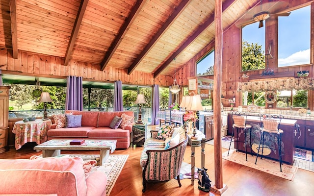 99-1798 Painiu Loop, Volcano, HI 96785 - living room with a wooden ceiling with exposed beams, high vaulted ceiling, wood finished floors, and wood walls
