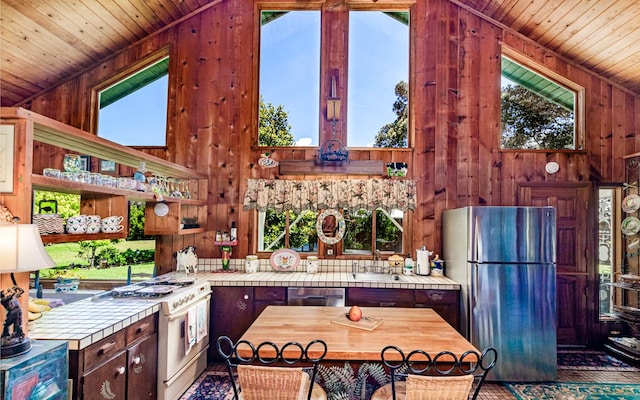 99-1798 Painiu Loop, Volcano, HI 96785 - kitchen with stainless steel appliances, tile counters, wood ceiling, wooden walls, and plenty of natural light