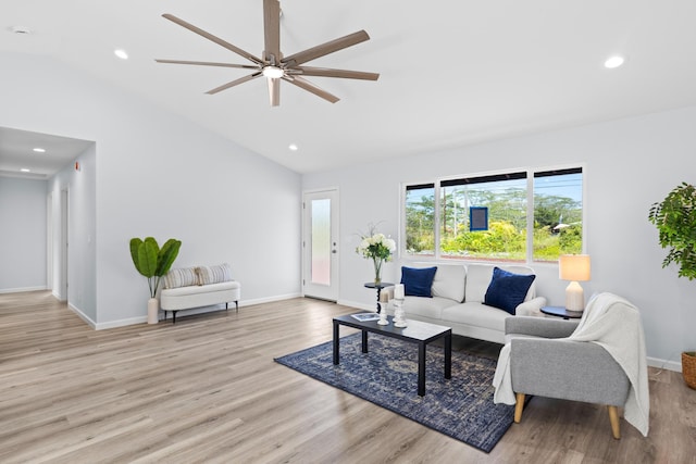 15-1754 Paradise Dr, Keaau, HI 96749 - living area with lofted ceiling, baseboards, wood finished floors, a ceiling fan, and recessed lighting