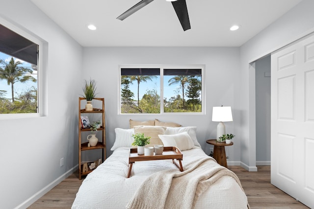 15-1754 Paradise Dr, Keaau, HI 96749 - bedroom featuring light wood-type flooring, recessed lighting, baseboards, and ceiling fan
