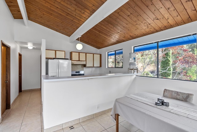 92-8821 Orchid Pkwy, Ocean View, HI 96737 - kitchen with freestanding refrigerator, light tile patterned floors, a peninsula, under cabinet range hood, and wood ceiling