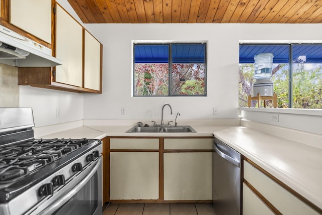 92-8821 Orchid Pkwy, Ocean View, HI 96737 - kitchen featuring appliances with stainless steel finishes, a sink, under cabinet range hood, light countertops, and wooden ceiling