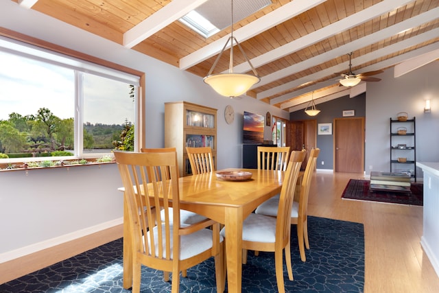 71-1769 Puu Lani Dr, Kailua-Kona, HI 96740 - dining area featuring a skylight, wood ceiling, wood finished floors, ceiling fan, and baseboards