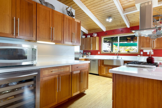 71-1769 Puu Lani Dr, Kailua-Kona, HI 96740 - kitchen with wine cooler, stainless steel appliances, a sink, light countertops, and wood ceiling